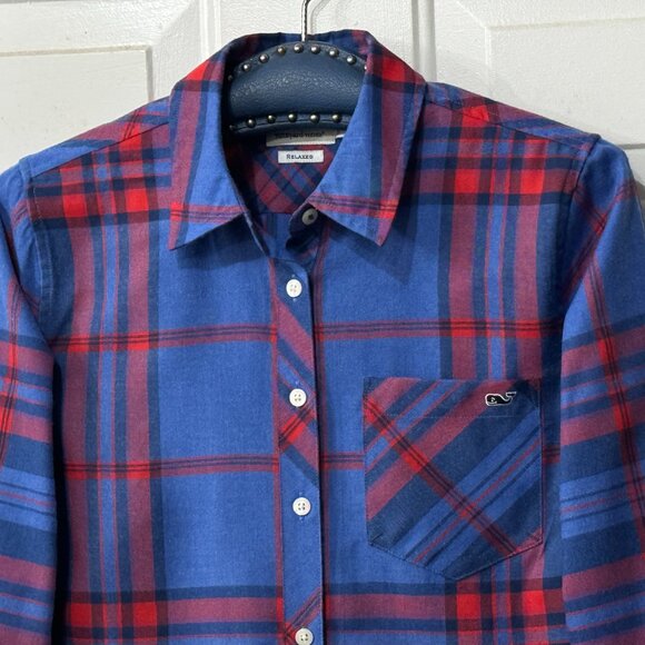Vineyard Vines Womens Sz 4 (S) Flannel Shirt Blue/Red Plaid Pocket - Picture 2 of 9
